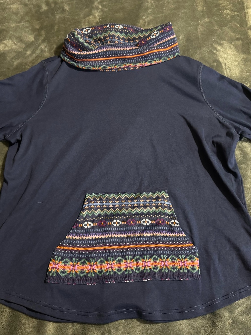 Chaps Navy Cowl Neck Sweater with Multicolor Fair Isle Trim Womens 2X